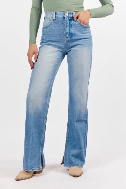 Emily Light Wash 90's Flare Split Hem Wide Leg Jeans sold by Pink Lily