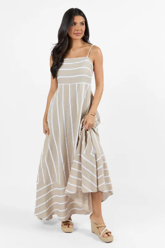 Come Sail Away Neutral Striped Maxi Dress SALE sold by Pink Lily