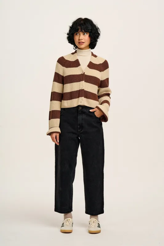 Robyn - V-Neck Knitted Cardigan in Oak Brown & Ecru Stripe sold by Lucy & Yak