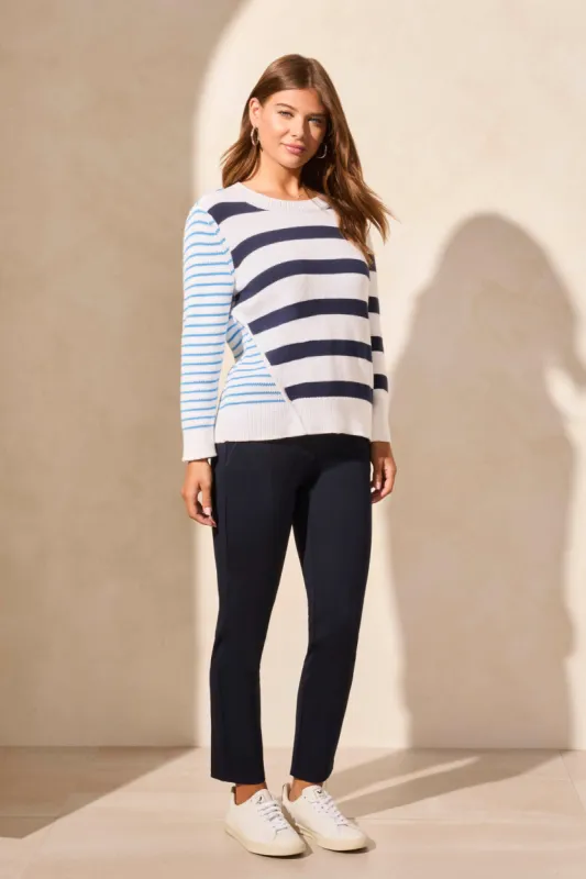 Striped Contrast-Side Crew Neck Sweater-Jet Blue sold by Tribal