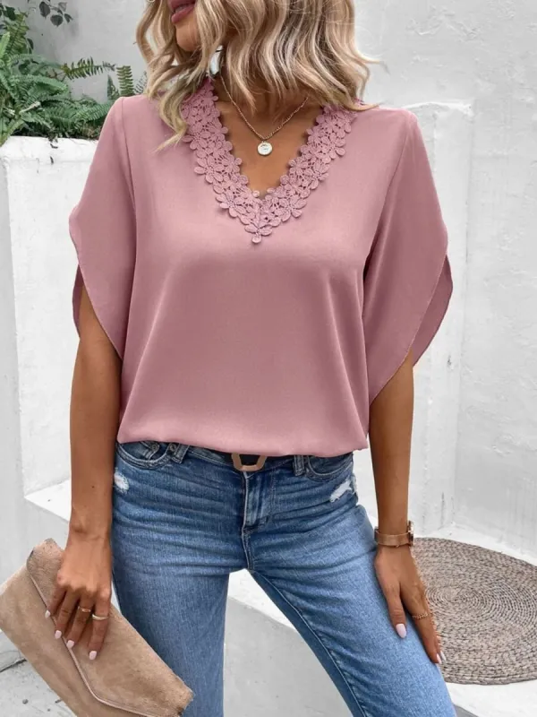 Lace Detail V-Neck Half Sleeve Blouse sold by Charming Charlie