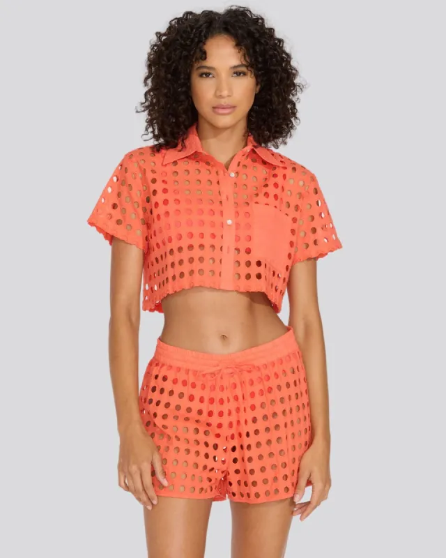 Eyelet Cropped Cabana Shirt Hot Coral sold by SOLID & STRIPED