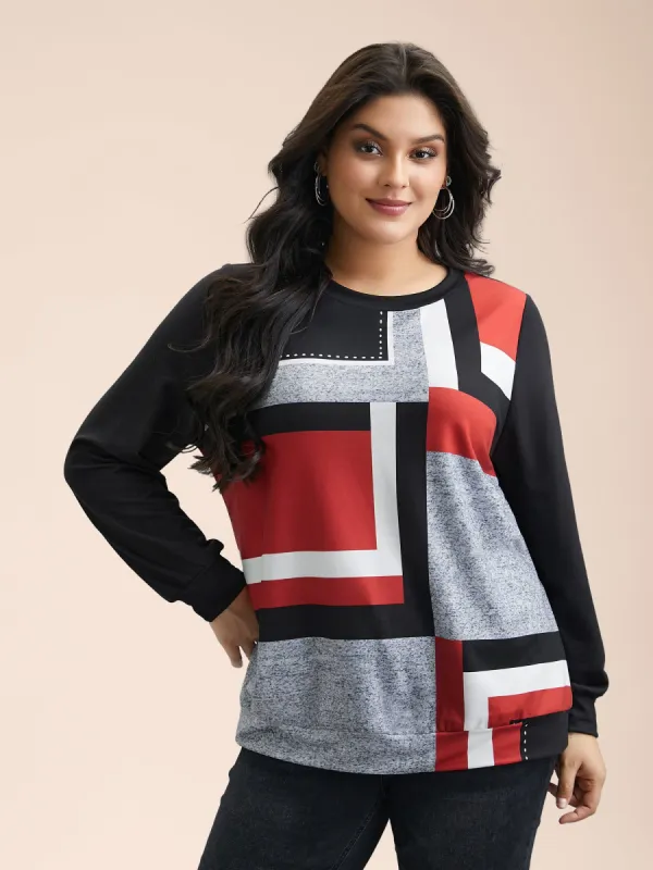 Geometric Print Round Neck Fitted Sweatshirt sold by Bloomchic