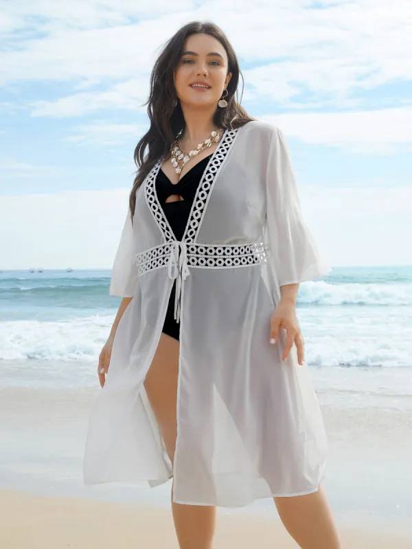 Lace Patchwork Sheer Open-Front Kimono sold by Bloomchic