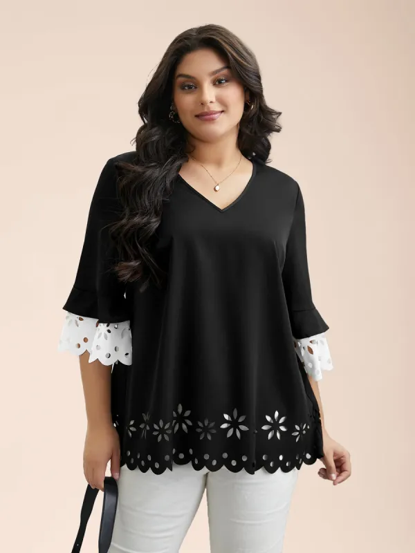 Laser Cut Color Contrast V-Neck Blouse sold by Bloomchic