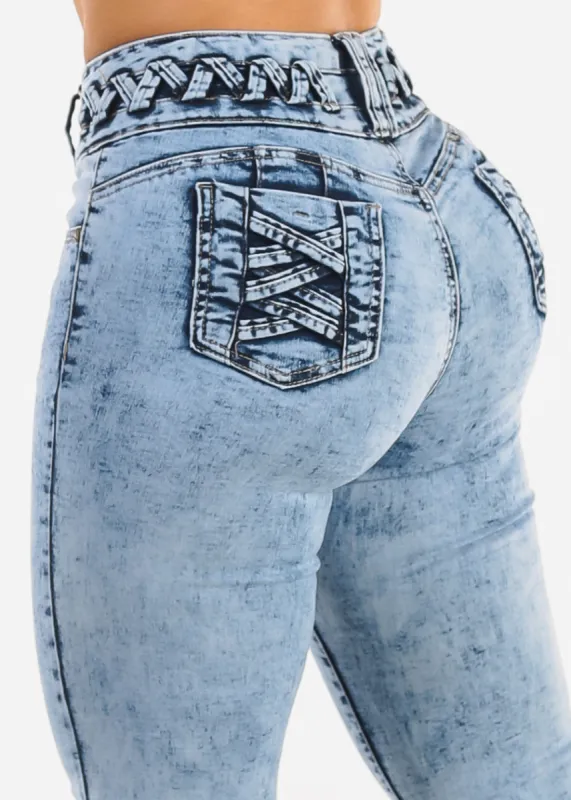 MX JEANS Butt Lift High Waist Acid Wash Skinny Jeans sold by Moda