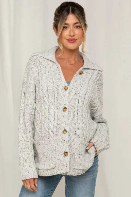 Heather Grey Cable Knit Collared Maternity Button Up Cardigan sold by Pinkblush