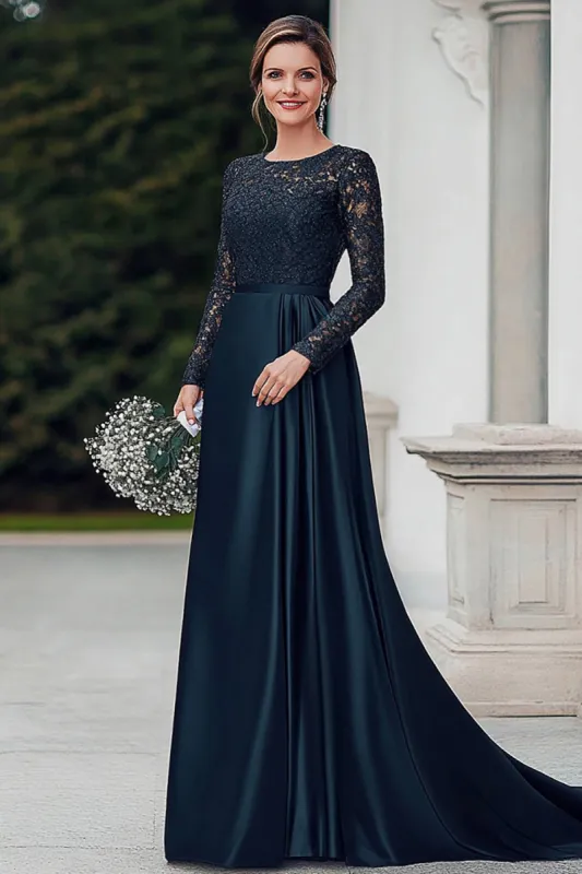 Navy Satin Lace Scoop Mother of the Bride Dress with Long Sleeves sold by Zapaka
