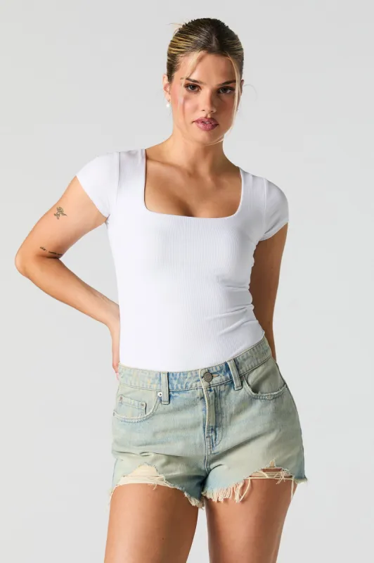 Vintage Light Wash Distressed Rigid Denim Short sold by Charlotte Russe