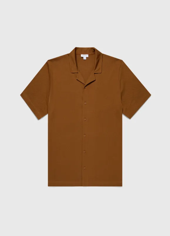 Men's Riviera Camp Collar Shirt in Golden Brown sold by Sunspel