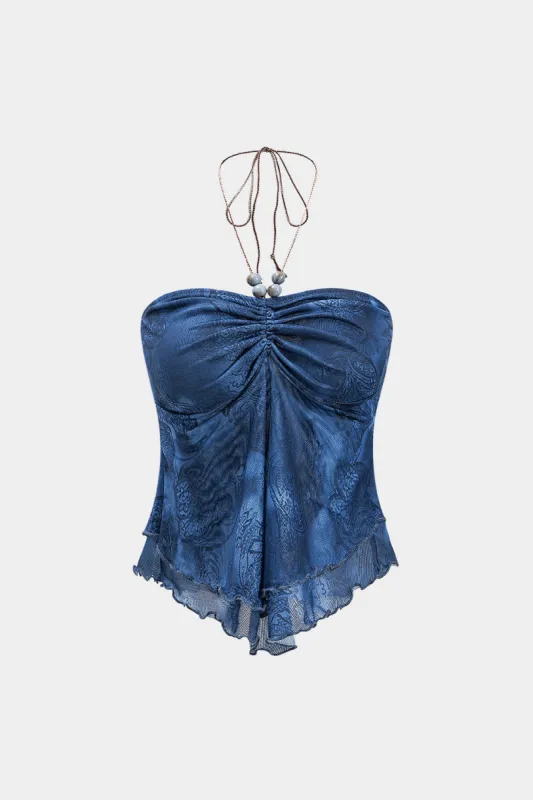 Bind farvestofprint Mesh Ruched Beaded Tie-Up Cami Top sold by Micas