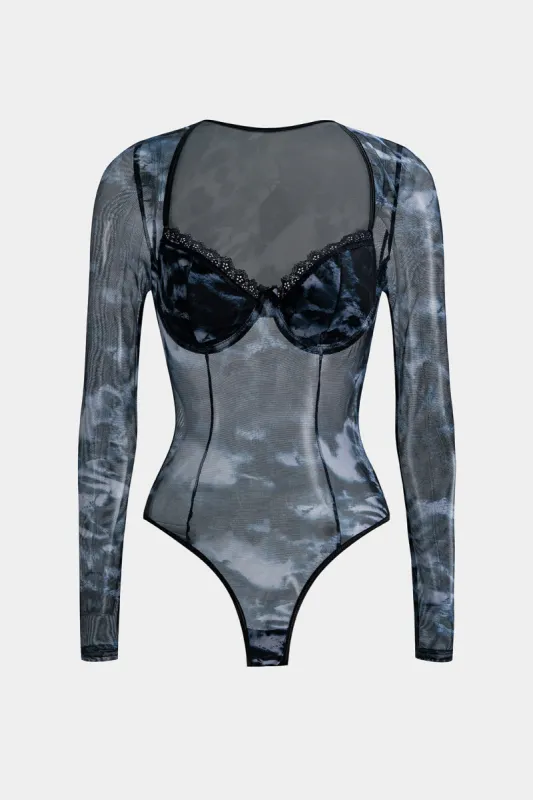 Tie farvestofprint mesh bue bustier korset langærmet bodysuit sold by Micas