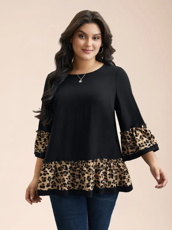 Leopard Print Patchwork Tiered Blouse sold by Bloomchic