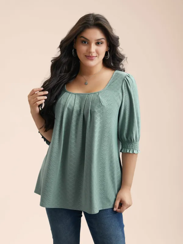 Square-Neck Plicated Detail Shirred Sleeve Blouse sold by Bloomchic