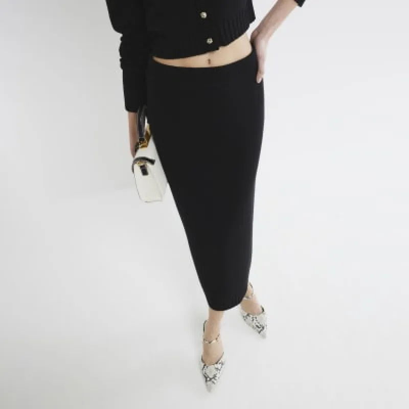 Black Knit Midi Skirt sold by River Island