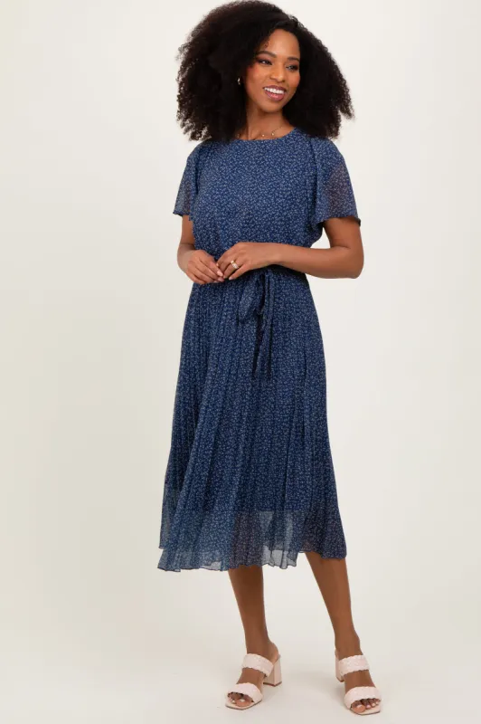 Navy Leaf Print Pleated Midi Dress sold by Pinkblush