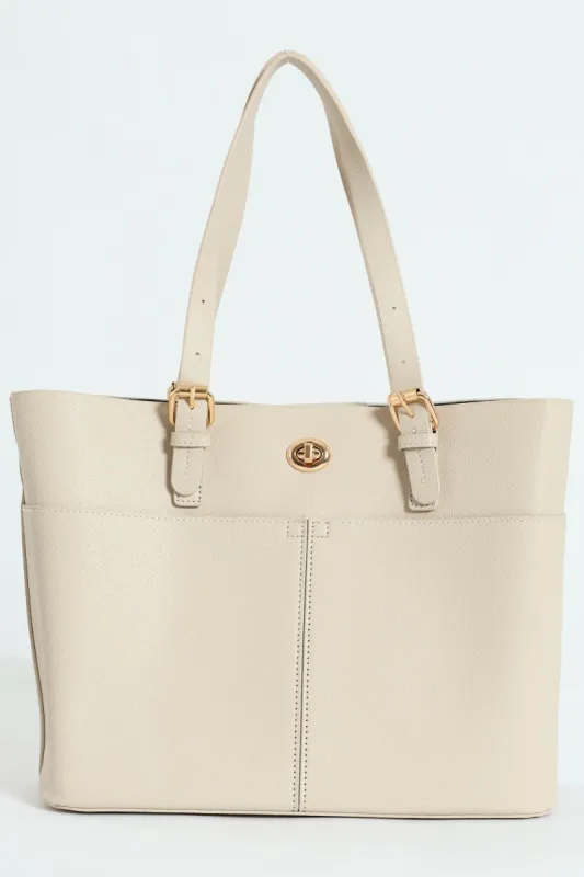 Front Pocket Detail Gold Trim Tote Bag - Stone sold by Edgars
