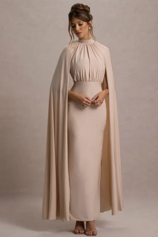 Darielle | Champagne High-Neck Cape-Sleeve Maxi Dress sold by Club L London