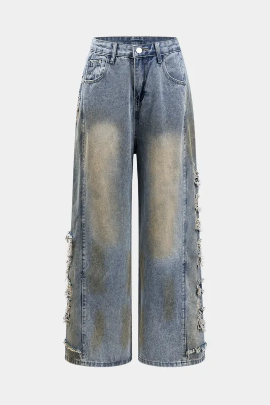 Denim udskåret knaplomme brede ben jeans sold by Micas