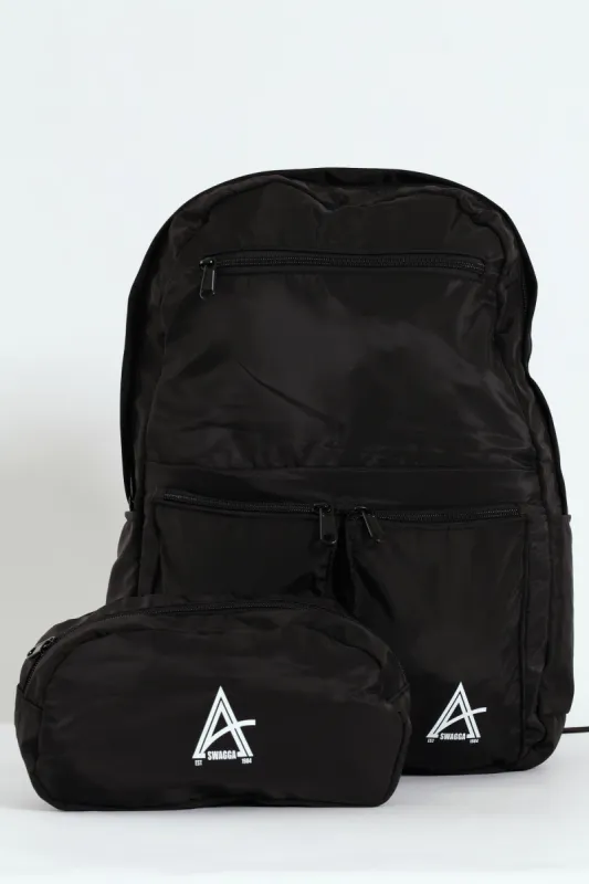 Double Front Pocket Nylon Backpack With Pencil Case - Black sold by Edgars