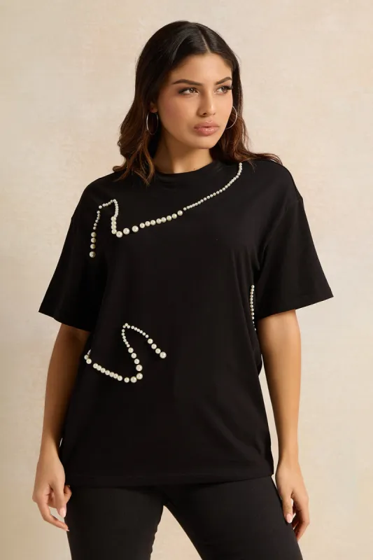 Women Black Pearl Beaded T-shirt sold by Redtag