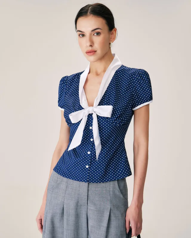 Blue Polka Dot Puffed Sleeve Blouse sold by rihoas