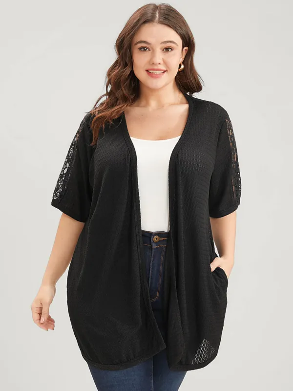 Solid Pocket Contrast Lace Open Front Cover Up sold by Bloomchic