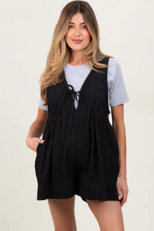 Black Deep V-Neck Pleated Front Tie Sleeveless Maternity Romper sold by Pinkblush