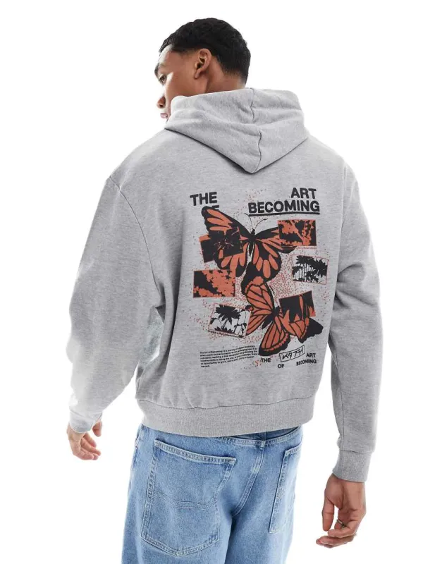 ASOS DESIGN boxy oversized hoodie with chest and back print in grey sold by ASOS