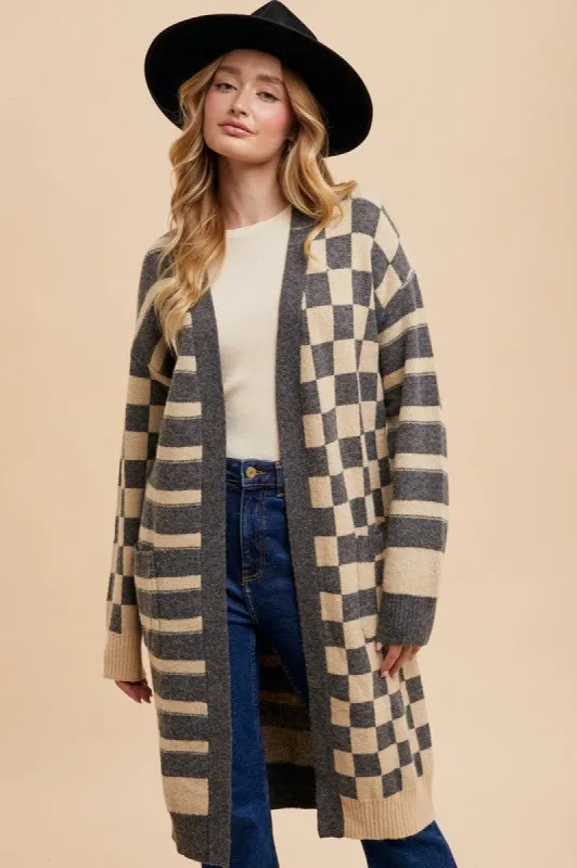 Annie Wear Checkered & Striped Open Front Long Sleeve Cardigan sold by Charming Charlie