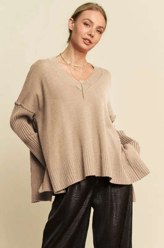 Davi & Dani Ribbed Side Slit V-Neck Sweater sold by Charming Charlie
