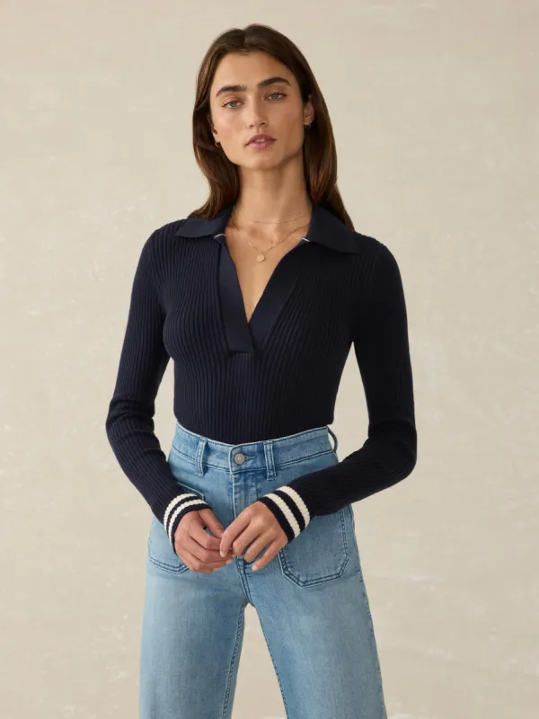 Stretch Cotton Cashmere Rib Polo - Navy Retro Stripe sold by Faherty