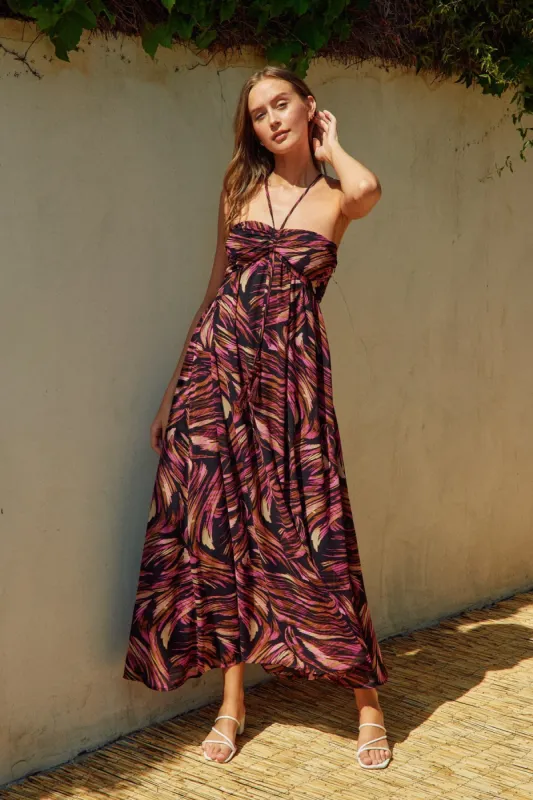 Black Printed Halter Cross Back Maxi Dress sold by Pinkblush
