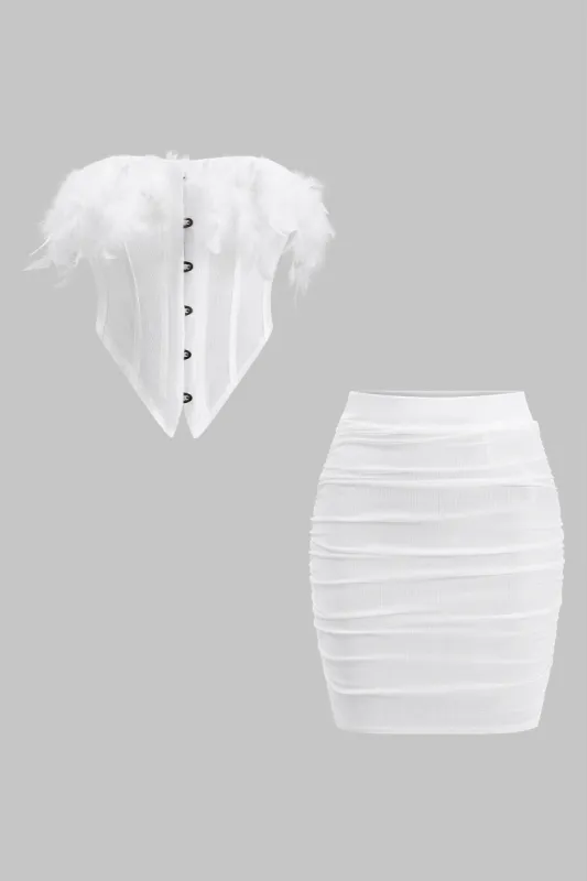 Mesh Feather Sheer Tie Back Corset Tube Top and Ruched Nederdel Set sold by Micas