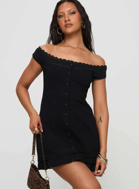Mirrorball Off The Shoulder Mini Dress Black sold by Princess Polly