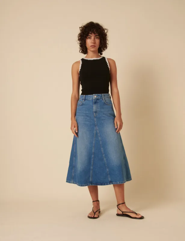 Mid Wash Denim A-line Midi Skirt sold by Nobody's Child