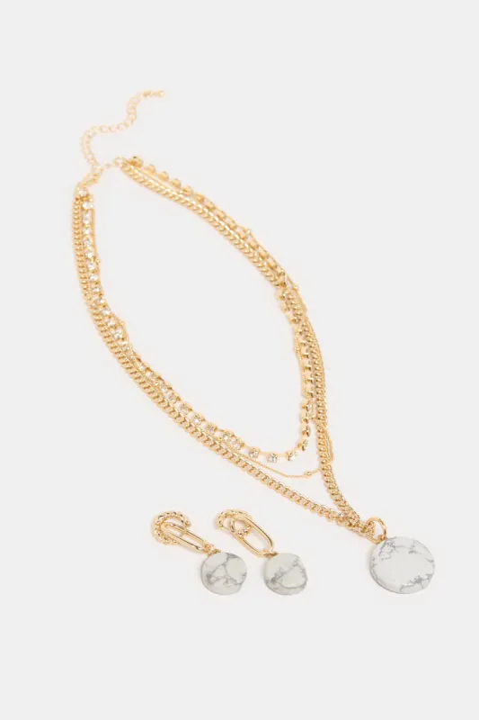 Women Gold Embellished Necklace And  Earrings (3 Piece) sold by Redtag