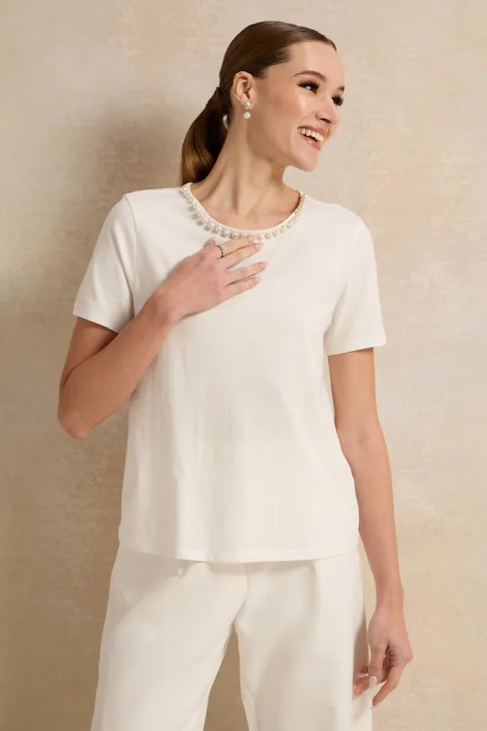 Women White Pearl Embellished Top sold by Redtag