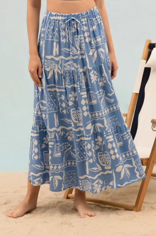 Titania Boho Print Midi Skirt, Blue sold by North & Main Clothing Company