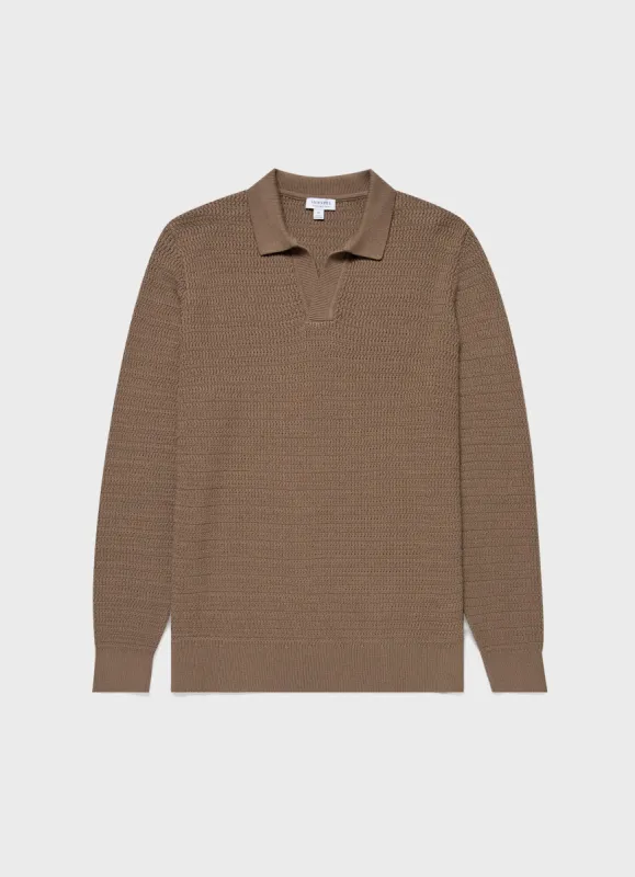 Men's Long Sleeve Textured Cotton Polo Shirt in Dark Stone sold by Sunspel