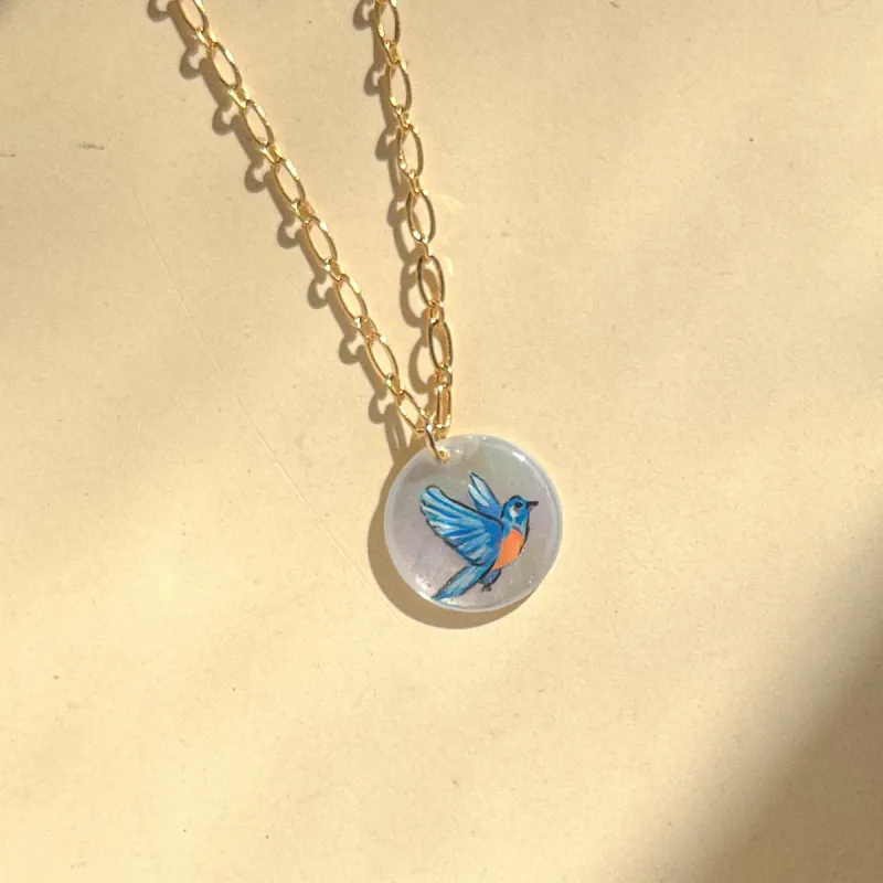 Hand Painted Bluebird Charm Necklace sold by Gather Brooklyn