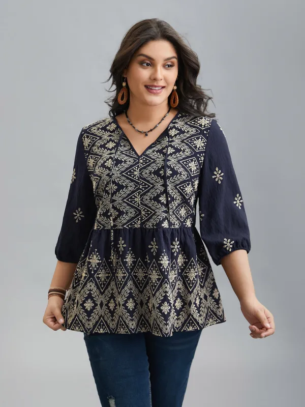 Boho Embroidered Pleated V-Neck Blouse sold by Bloomchic