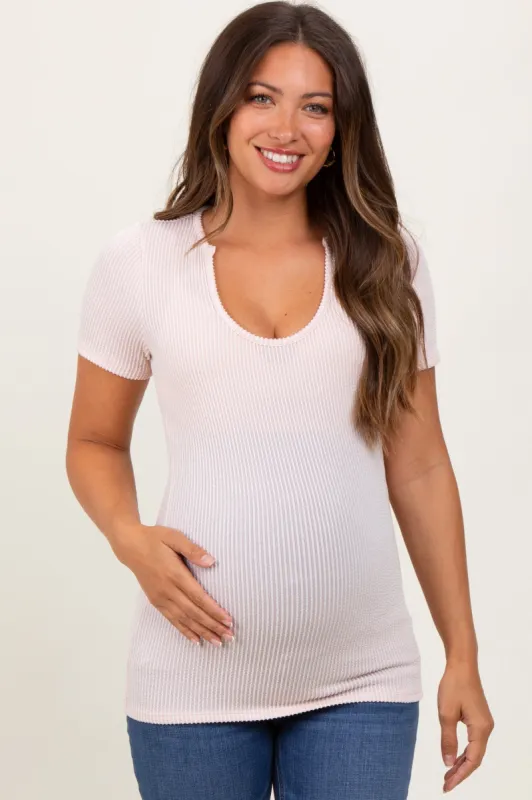 Peach Solid Ribbed Short Sleeve Round Neck Basic Maternity Top sold by Pinkblush