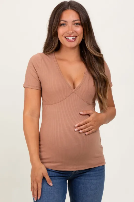 Mocha Solid Ribbed Short Sleeve V-Neck Basic Maternity Top sold by Pinkblush
