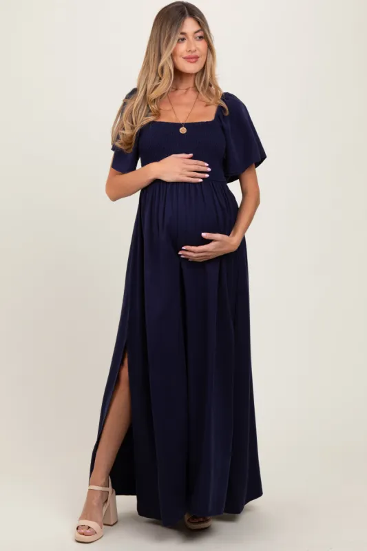 Navy Chambray Smocked Maternity Maxi Dress sold by Pinkblush