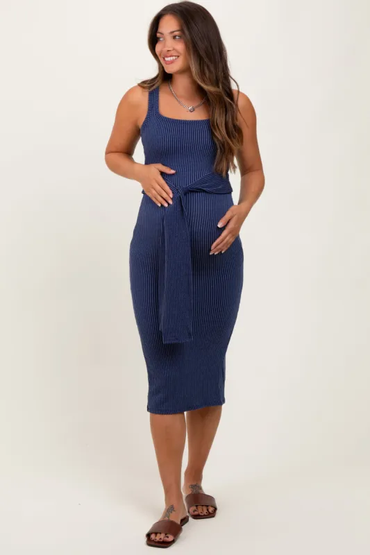 Navy Ribbed Front Tie Sleeveless Maternity Midi Dress sold by Pinkblush