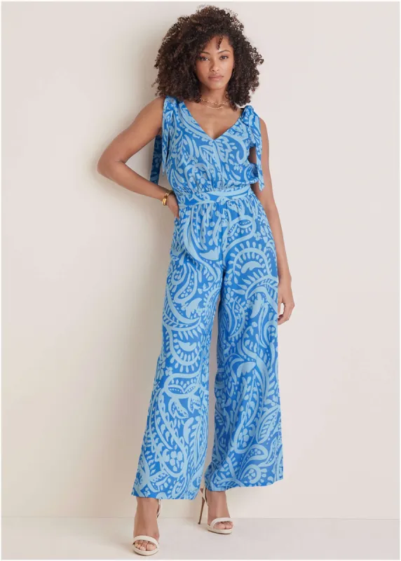 Tie-Strap Wide Leg Jumpsuit - Blue Allover Spring Paisley sold by VENUS