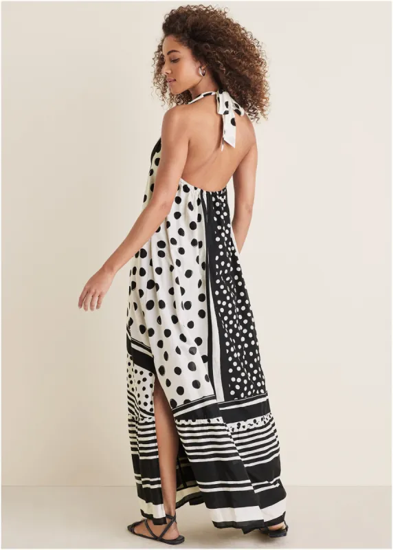Deep V Halter Maxi Dress - Modern Dot Stripe sold by VENUS