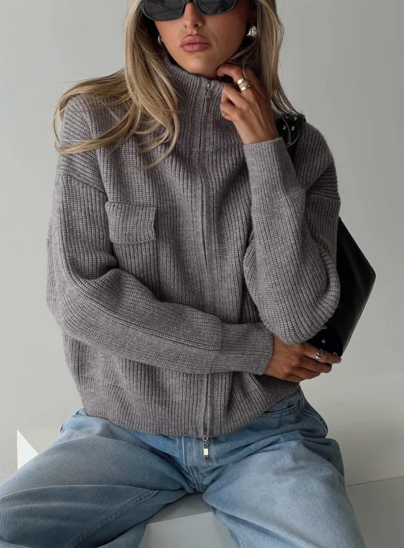 Too Busy Zip Up Sweater Grey sold by Princess Polly