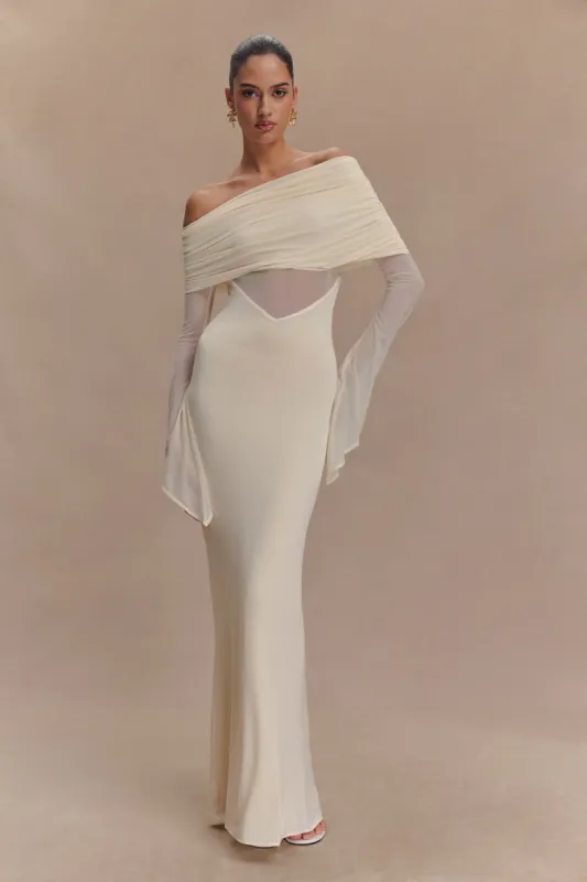 Kaitlin One Shoulder Slinky And Mesh Maxi Dress - Ivory sold by Meshki